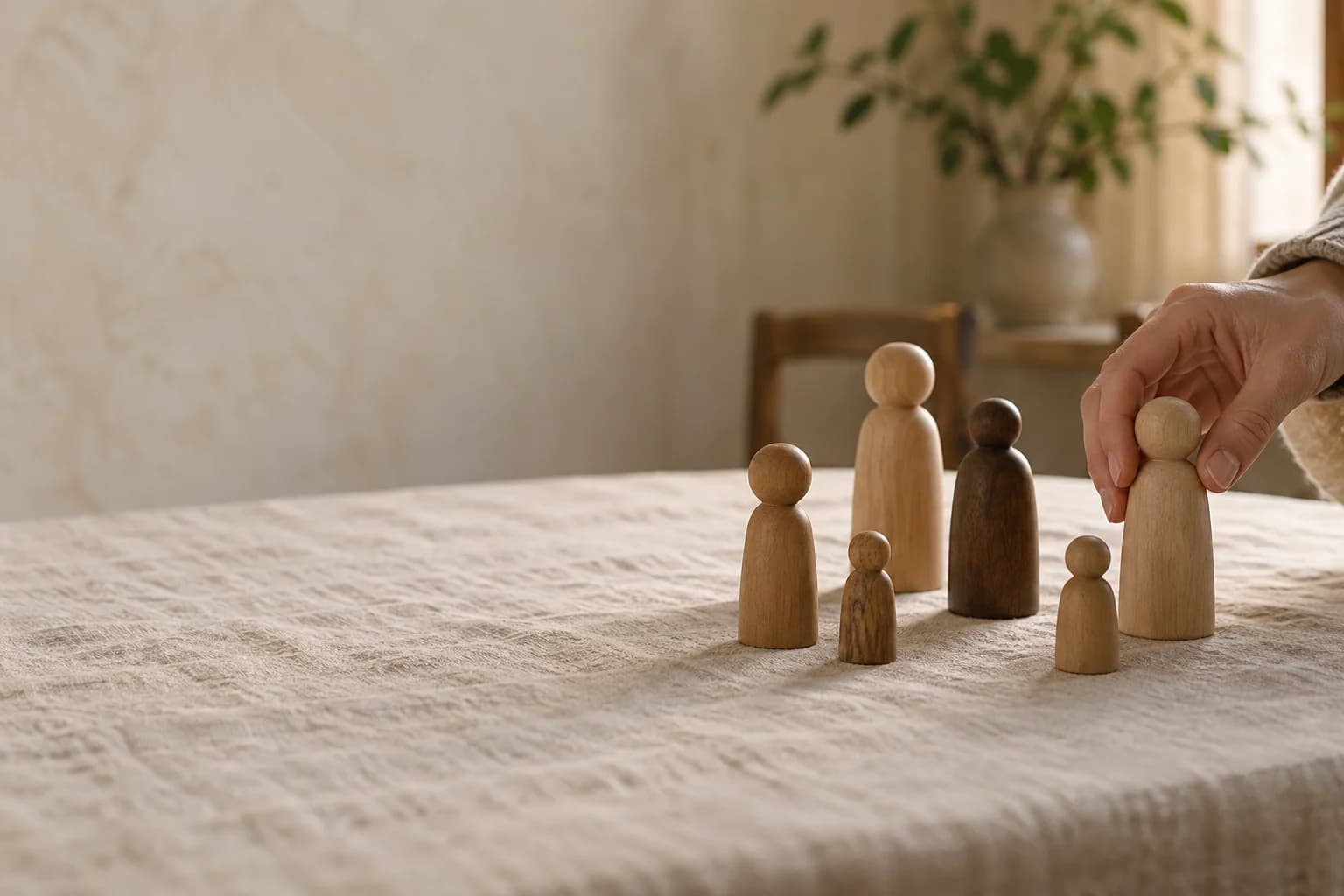 Uma mão posiciona delicadamente representantes de madeira sobre uma mesa de linho.