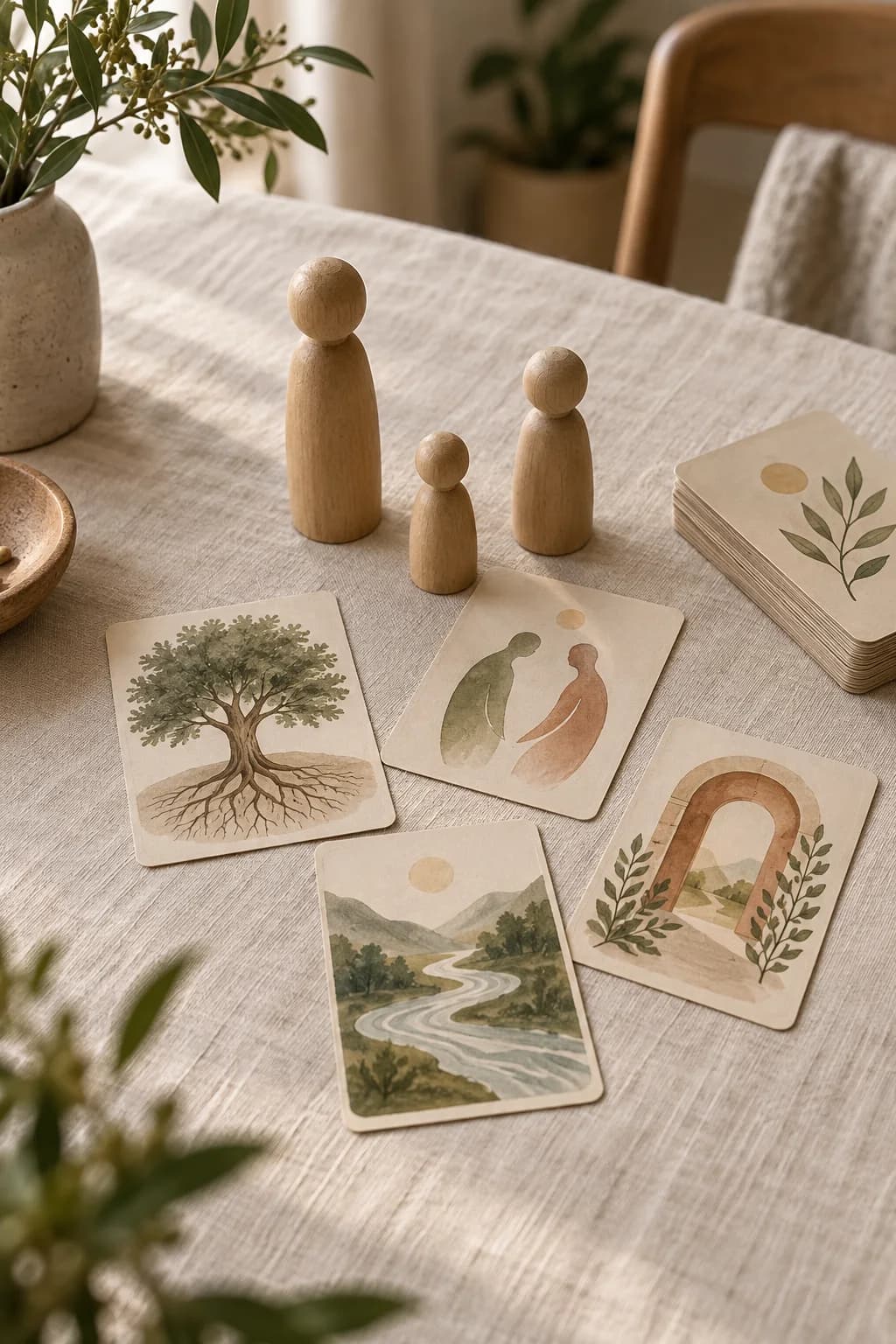 Cartas com símbolos de árvore, relações, rio e passagem junto a representantes de madeira sobre uma mesa de linho.